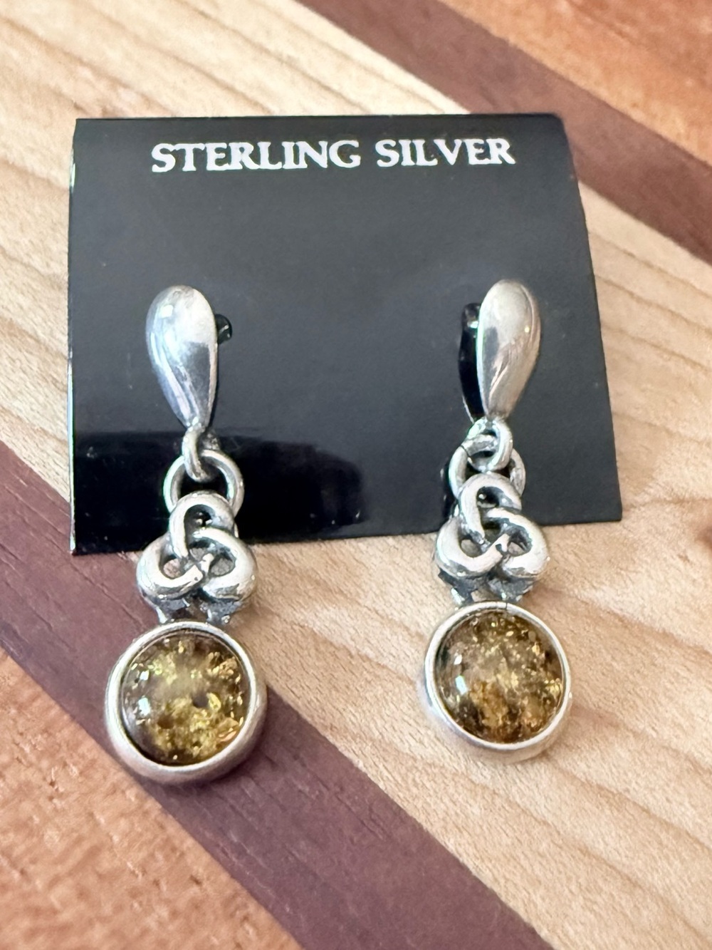 Sterling Silver Celtic Drop Earrings with Amber Stone from Scotland - Picture 4 of 8